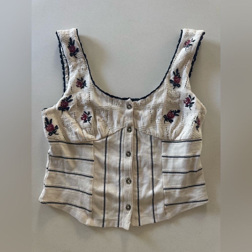 Embroidered Button-Up Tank Top
